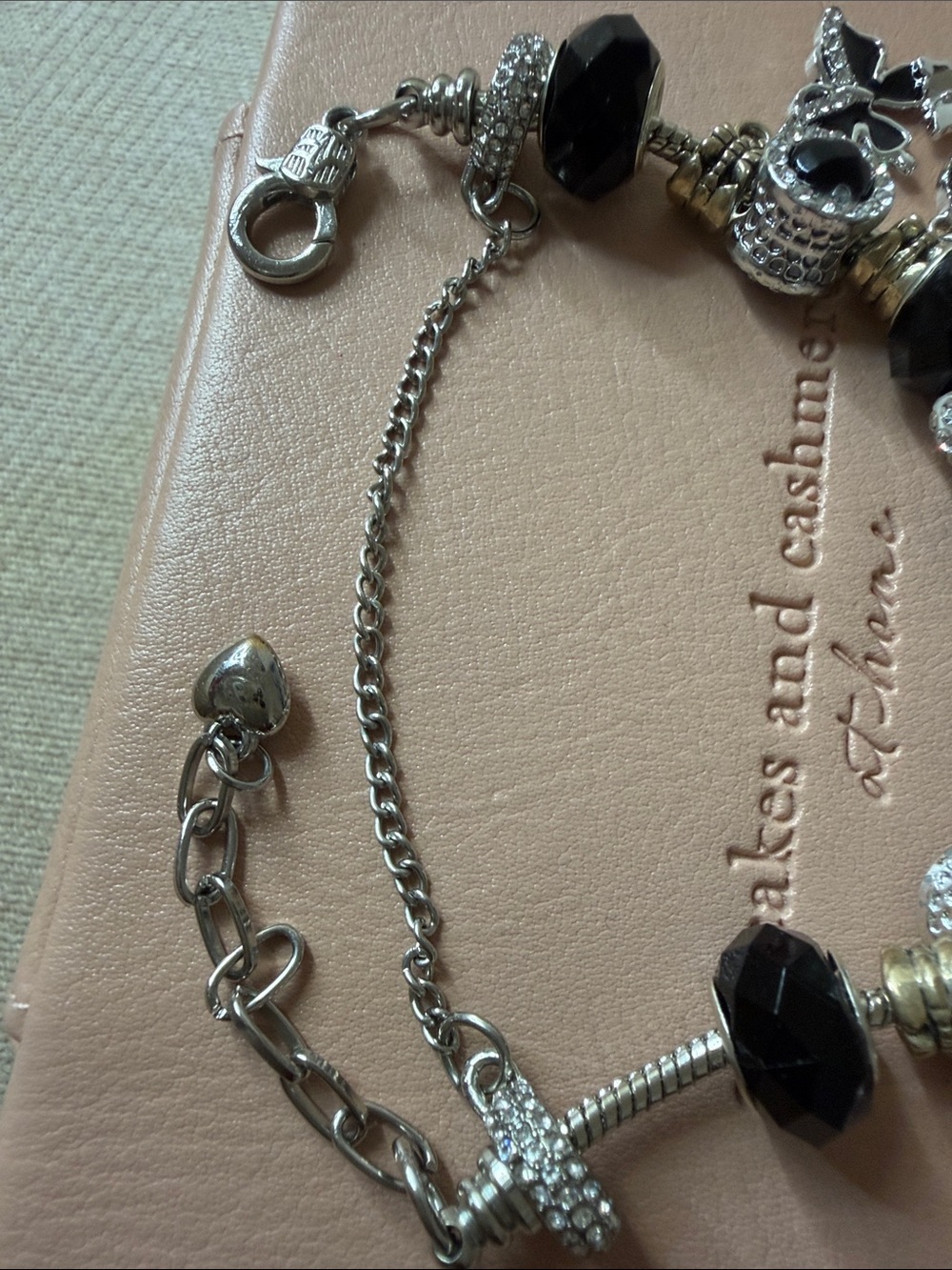 Stainless Silver-tone Black Bead Heart & Butterfly Charm Bracelet - Picture 5 of 10